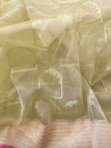Banarasi Tissue Silk Net Saree | Tilfi weave | Light Green | Handwoven | Ships from California